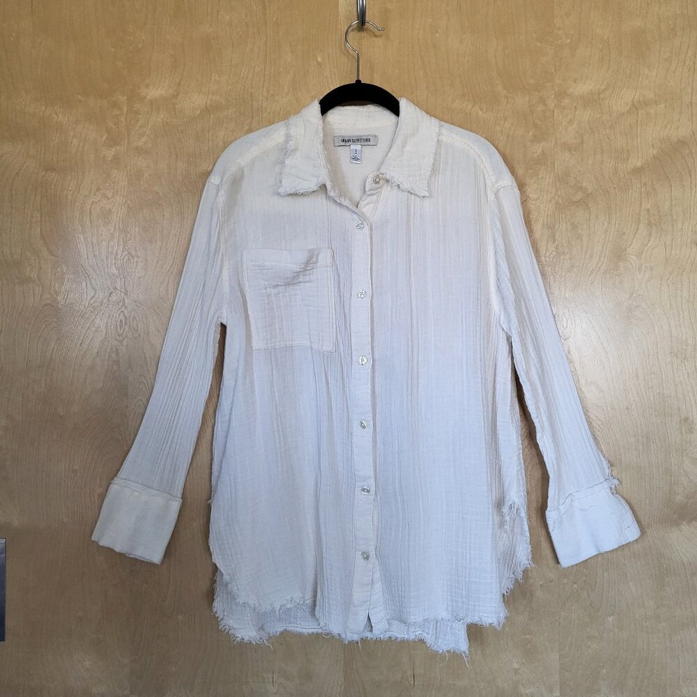 Urban Outfitters Distressed Gauzy Cotton Button Down Shirt Off White Siz…